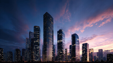 City skyline at dusk showcasing modern architecture and vibrant colors across the skyline with dynamic lighting