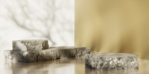 Natural Stone Podium with Botanical Shadows and Gold Accent Wall – Elegant 3D Display Background