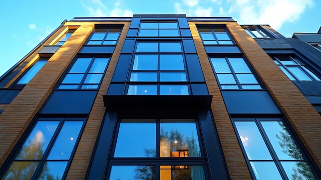 An upward angle captures the modern facade of a building with reflective windows and blue sky. - Powered by Adobe
