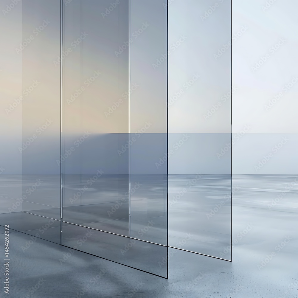 Poster minimalist composition of several transparent glass panels standing, creating reflections and shadow