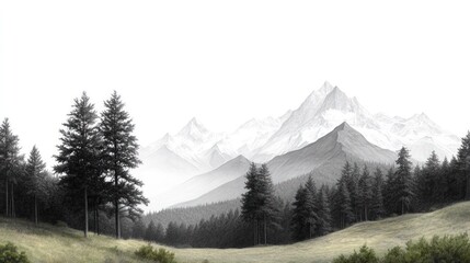 Mountain landscape with snow-capped peaks and evergreen forest