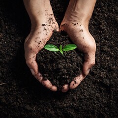 Hopeful start: Nurturing tiny plant growing in the hands above the rich soil