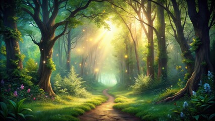 Obraz premium Forest Pathway Under Glow, natural foliage, enchanted forest