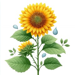 Obraz premium Vibrant Yellow Sunflower with Green Leaves and Water Droplets on White
