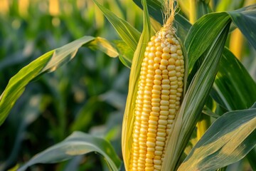 Close-up of a corn cob in a field, vibrant yellow kernels, surrounded by green leaves