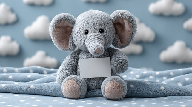 Cute gray elephant plush toy sitting on soft blue blanket with white clouds, holding blank card with cozy background