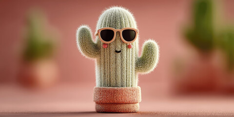 Cute cactus wearing sunglasses sits in a cozy pot among other green plants