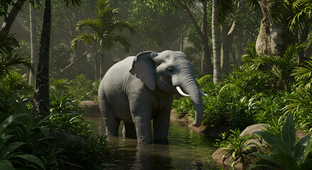Fototapeta premium Elephant Standing in Serene Jungle Water Surrounded by Lush Greenery