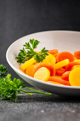 Carrot vegetable rings boiled vegetable dish fresh food background on the table rustic food top view copy space