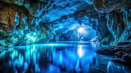 Naklejka premium Cave under glowing blue and cyan light, glowing blue, cave, glowing blue, cave