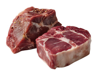 Fototapeta premium Raw Meat Cut: A close-up view of a raw meat cut, featuring a vibrant red color and marbling, ready for cooking or grilling. The meat is isolated on a white background.