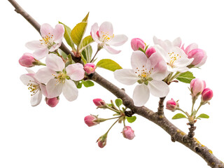 Naklejka premium apple tree branch with pink and white blooming flower buds in spring isolated on white background, PNG