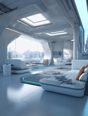 Contemporary futuristic living space with large windows, sleek furniture, and minimalistic design that showcases a stunning view of a mountain landscape.