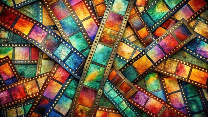 Fototapeta premium Colorful celluloid film strips collaged together in a unique pattern on a textured surface, artistic expression, unique perspective