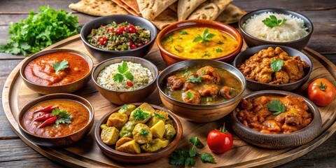 Vibrant curry selection on a wooden platter, Indian food photography