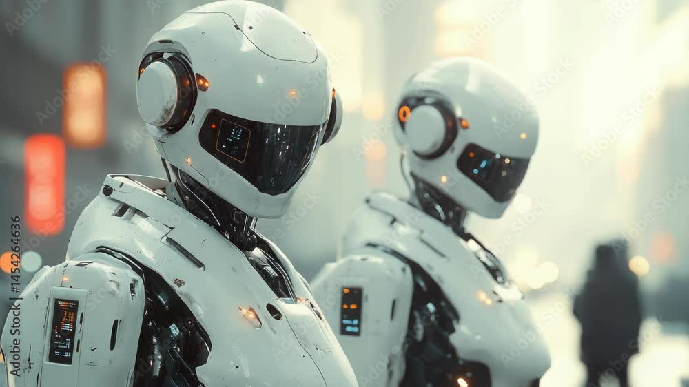 Poster close-up of a two cybernetic humanoid robot ready to perform tasks assigned to it. concept of roboti