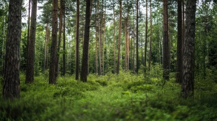Blurred nature scene, green trees and bokeh for an outdoor portrait setting
