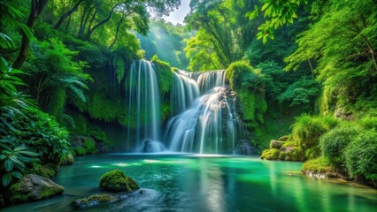 Obraz premium Emerald cascade amidst verdant foliage , cascade, natural, cascade, natural, serene, forest floor