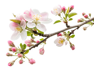 apple tree branch with pink and white blooming flower buds in spring isolated on white background, PNG