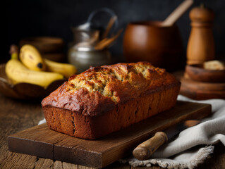 Banana Bread on Wooden Table: A warm and inviting scene showcasing a freshly baked banana bread loaf on a rustic wooden table. The aroma of the bread permeates the air.