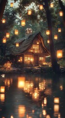 Enchanted forest cabin with lanterns