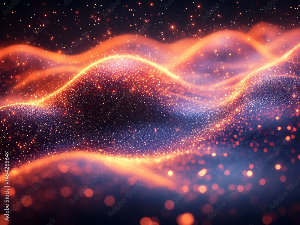 Poster quantum computing concept with abstract waves and radiant light particles