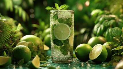 Refreshing mint lime drink garnished with fresh mint leaves and lime slices in a lush tropical setting