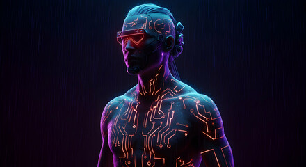 Naklejka premium Futuristic Cybernetic Human with Neon Circuit Patterns in Dark Background