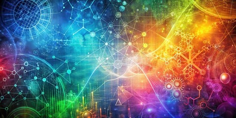 Colorful abstract background featuring mathematical equations and scientific formulas in various shapes and sizes, with intricate patterns and textures, textures, abstract