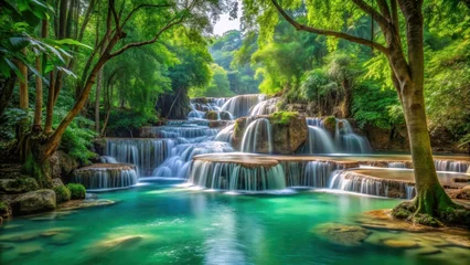 Emerald waterfalls cascade down a serene landscape amidst ancient trees and tropical greenery, creating a soothing atmosphere in Pak Khlong , greenery, landscape