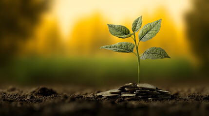 Small plant sprout growing from pile of coins in dark soil, set against blurred yellow-green background, symbolizing growth, investment, and financial success
