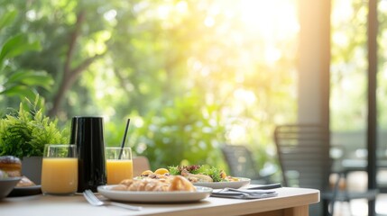 Outdoor breakfast buffet with vibrant garden view