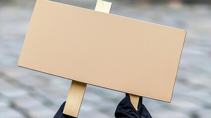 Blank cardboard poster on a wooden stick held by gloved hands against a city sidewalk background. Photorealistic style, plenty of space for text.