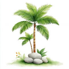Watercolor Palm Trees with Grey Rocks and Flowers