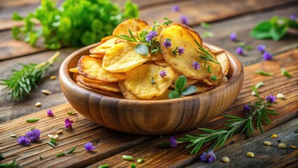 Crunchy golden fried potato slices piled high in a shallow wooden bowl, surrounded by fresh herbs and edible flowers, golden brown potatoes, herbs