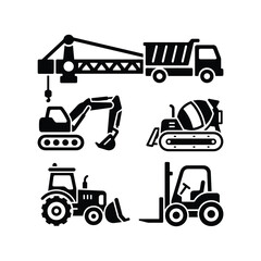 Black Silhouettes of Excavator, Crane, Mixer, Tractor, and Forklift , Vector Icons of Construction Site Vehicles and Machinery