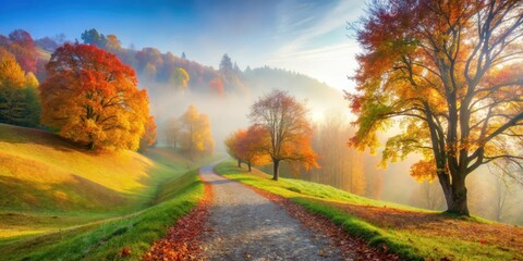 Obraz premium A serene misty autumn morning on a hillside with vibrant foliage and a winding path