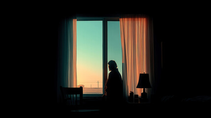 Person gazes out the window at sunset silhouetted by curtains in a cozy room