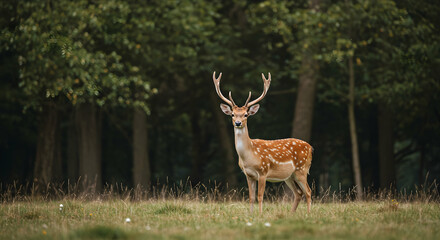 Fototapeta premium Majestic Male Deer in Forest Setting with Antlers Displaying Beauty