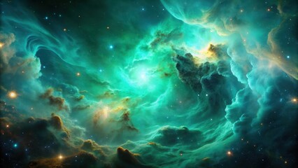 Obraz premium Stunning celestial photograph featuring a vibrant turquoise green nebula with swirling clouds of gas and dust against a dark starry background , nebula, stars