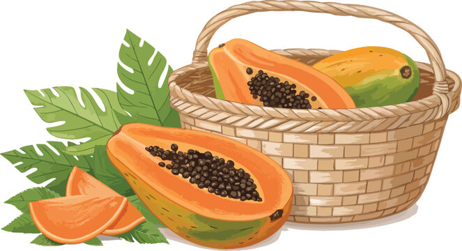 papaya fruit basket, orange, green, leaves clip art preview