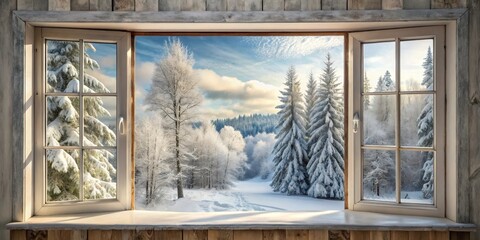Snowy winter forest landscape seen through cottage window, Frozen trees