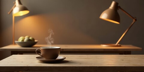 A steaming cup of coffee or tea rests on a rustic wooden table, illuminated by the warm glow of two desk lamps in a cozy and quiet interior setting.