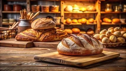 Freshly baked bread displayed on a wooden cutting board in a warm and cozy bakery setting, food, bread,  food