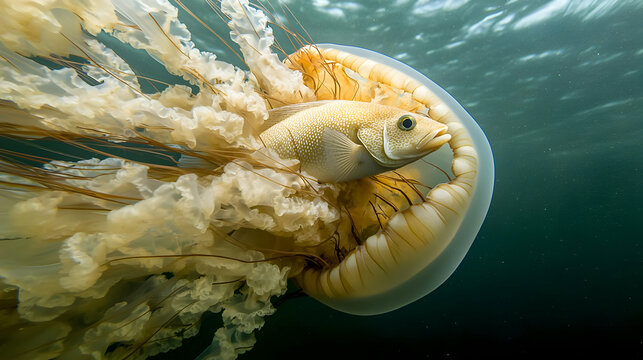 Golden Jellyfish Capturing Fish Underwater