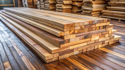 Fototapeta premium Natural Teak Wood Planks Stacked on a Wooden Floor , wooden floor, natural, wooden floor