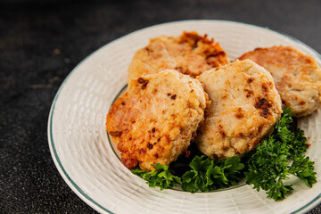 Meat cutlet pork, beef, chicken fried meat dish fresh gourmet food background on the table rustic food top view copy space