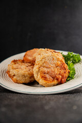 Meat cutlet pork, beef, chicken fried meat dish fresh gourmet food background on the table rustic food top view copy space