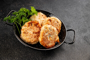 Meat cutlet pork, beef, chicken fried meat dish fresh gourmet food background on the table rustic food top view copy space