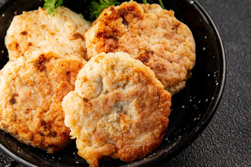 Meat cutlet pork, beef, chicken fried meat dish fresh gourmet food background on the table rustic food top view copy space